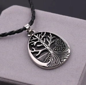 Collar colgante ovalado grande celta del árbol de la vida cordón de cuero aleación tono plateado - Imagen 1 de 7