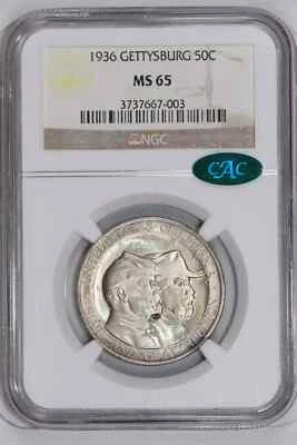 1936 GETTYSBURG SILVER COMMEMORATIVE HALF DOLLAR NGC MS65 CAC! - Image 1 of 2