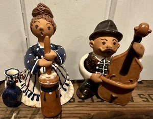Polish Folk Art Clay Figurines Woman Working & Man Playing Bass - Picture 1 of 14