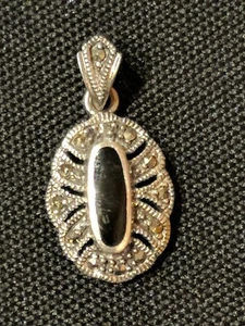 Vintage Small Art Deco Sterling Silver Oval Pendant Marcasite Black Opal Colored - Picture 1 of 6