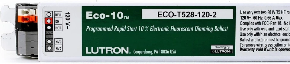Balastro atenuador Lutron ECO-T528-120-2 Eco-10 120 voltios solo 2 lámparas 28 W T5 *USADO* - Imagen 1 de 2