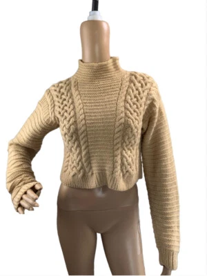Suéter Recortado Ellen Tracy Talla Pequeña Bronceado Cuello Simulado 100% Lana Pura Acanalado Tejido con Cable Foto 1 de 4
