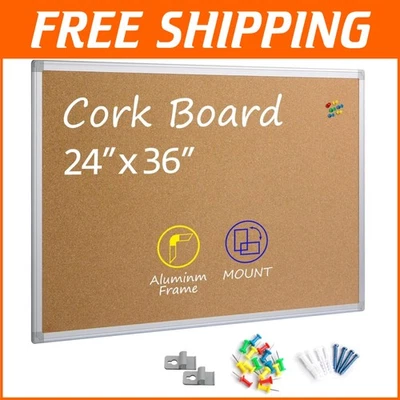Lightweight Wall-Mounted Cork Board - 24 x 36 Silver Frame with Installation Kit - Image 1 of 4