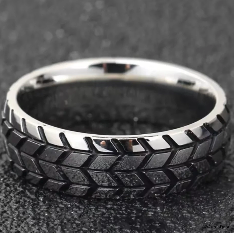 Tire Tread Ring Stainless Steel Biker Car Enthusiast Men’s Fashion Band Silver - Image 1 of 1