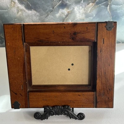 Wood Picture Frame Dark Stained Black Metal Corner Brackets 6 x 8" Country Barn - Image 1 of 4