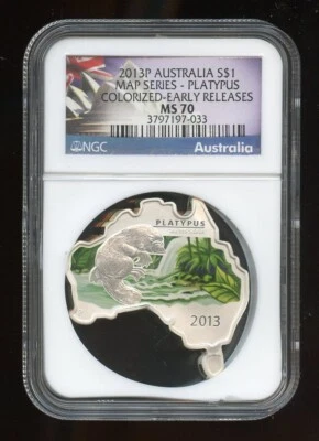 2013 P Australia $1 Map Series-PLATYPUS Colorized Early Release NGC MS70 1oz - Image 1 of 2