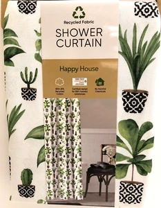 Colordrift Happy House Potted PLANTS & SUCCULENTS Shower Curtain WHITE - Picture 1 of 4
