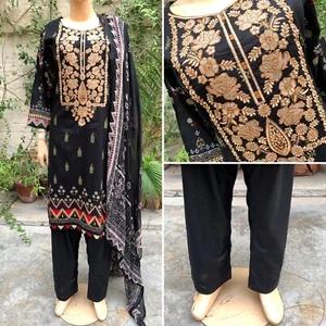 Pakistani Black Printed Straight Shirt 3-PCS Lawn Suit w/ Threadwork ,M - Picture 1 of 12
