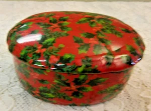 Vintage Ceramic Enesco Oval Trinket Box & Lid Red Holly Berry - Picture 1 of 6
