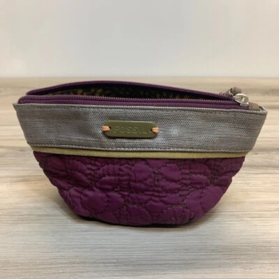 Bolso sin asas Fossil Key-Per tela gris cuero púrpura cremallera alrededor acolchado moneda Foto 1 de 4