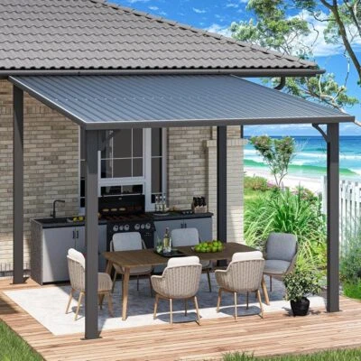 UNIONLINE Lean to Pergolas Outdoor Metal Harodtop & Wall-Mounted Heavy Duty Gazebo, Black