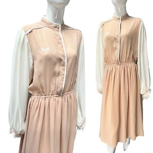 Vestido Vintage Años 80 Motivo de Cisne 14-16 Beige Camisa de Día Verdadero Caramelo Flotante Retro - Imagen 1 de 4