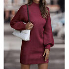 (Wine Red L)Bodycon Sweater Dress Long Lantern Sleeve Stand Collar Pure BGS