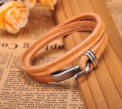 G234 Tan Beige Cool Hook Clasp Chic Multi-Wrap Leather Bracelet Cuff Men's NEW - Image 1 of 4