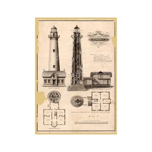 Lighthouse Print, Antique Architectural Nautical Drawing Wall Art Décor, 7"x10" - Picture 1 of 1