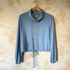 Vintage 60s 70s Malouf of Dallas blue ballon sleeve button front tie waist top - Bild 1 von 9