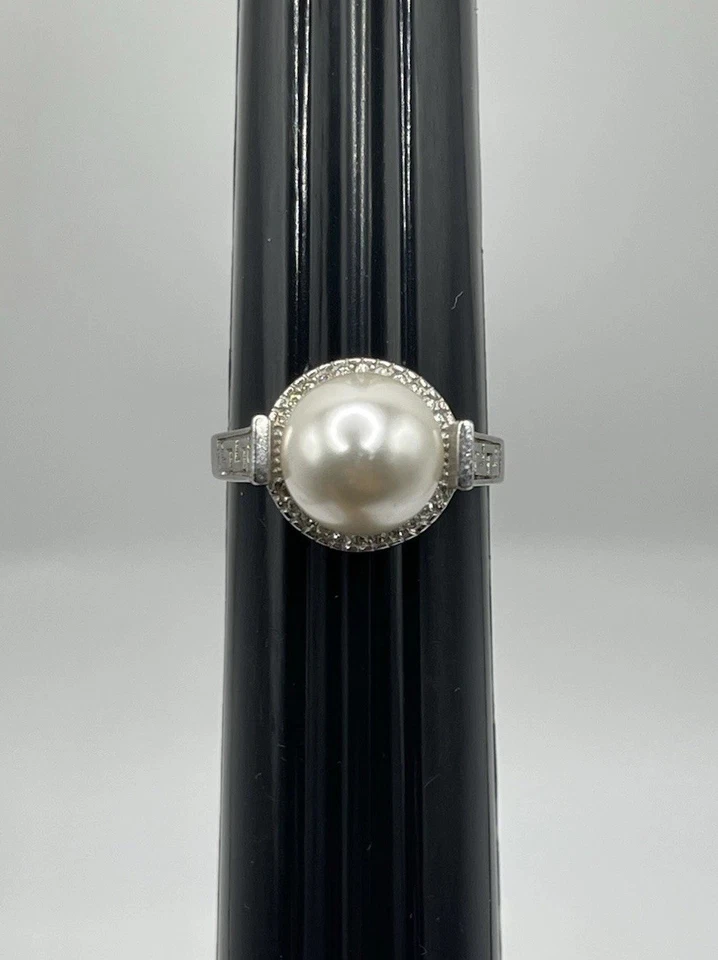 纯银镀复古风格人造珍珠戒指 方晶锆石 CZ 尺寸 7 — 第 1/4 张图片