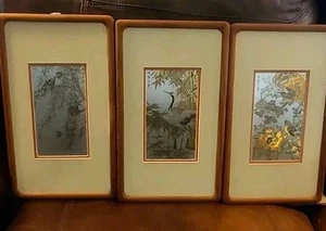 Set 3 Etchings Zhang Shou-Cheng 24KT Gold Pure Silver Crane, Swallows, Sparrows - Picture 1 of 17