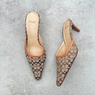 Coach | Authentic Monogram Pointed Toe Beige Canvas Leather Mules (37/6B) - Image 1 of 4