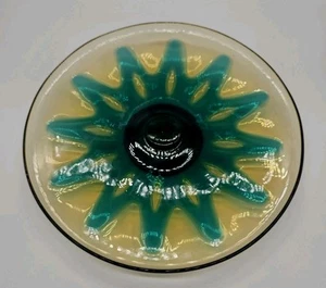 MCM Fostoria Hawaiian Yellow Amber & Teal Blue-Green Footed Glass Cake Plate 13" - Picture 1 of 13