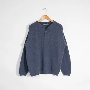 Vintage Henley Cotton Knit Sweater Mens Large - Distressed Waffle Knit USA - Picture 1 of 7