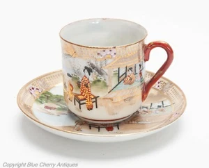 Antike japanische Kutani Ware Porzellan handbemalt Demi Tasse Tasse & Untertasse - Bild 1 von 6