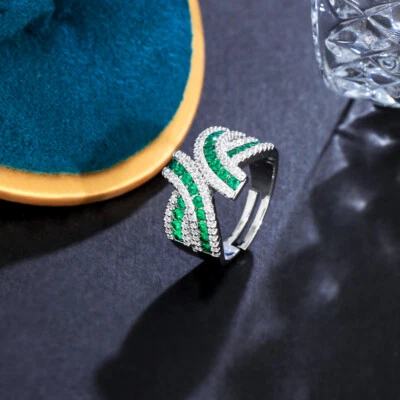 镀白金绿色立方氧化锆服装几何可调节开口戒指  — 第 1/4 张图片