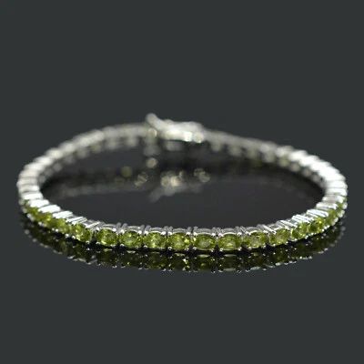 4x3 mm 925 Sterling Silver Oval Natural Green Peridot Gemstone Tennis Bracelet - Image 1 of 4