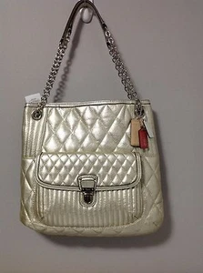 Coach Poppy Quilted Platinum Leather Slim Tote Shoulder Bag F19854 - Picture 1 of 12