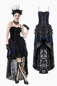 Dark in love Black and Royal Indigo Velvet Lace Gothic Tiered Tail Party Dress - Picture 1 of 20
