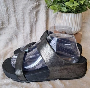 FITFLOP Lulu Shimmersuede Slides Sandals Metallic Black Two Strap Platform Sz 9 - Picture 1 of 14