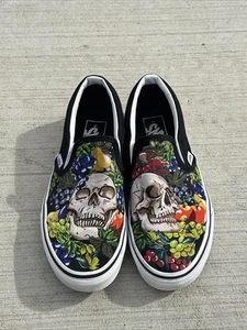 VANS Classic Slip On Fruit Skull Black White Shoes Mens 5.5 Womens 7 - Picture 1 of 10