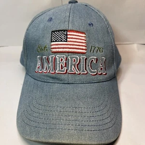 Denim American Flag Est 1776 Strapback Adjustable Hat USA Embroidered - Picture 1 of 10