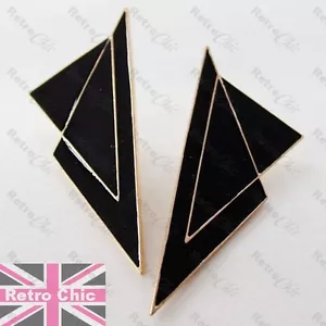 LARGE 8cm BLACK ENAMEL EARRINGS modernist BIG STUD EARRING gold fashion - Picture 1 of 8