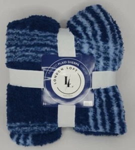 London Loft Throw Blanket Printed Plaid Sherpa Navy Blue White 50" x 60" Blanket - Picture 1 of 5