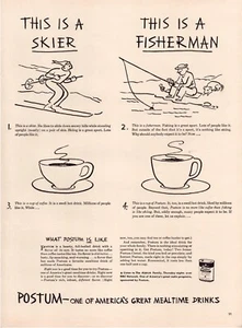 Print Ad Postum 1942 Skier Fishing Full Page Large Magazine 10.5"x13.5" - Picture 1 of 1