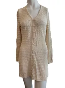 Size 10 Tan Embroidered Open Weave Lace Dress Button Front Boho Sheer Stretch - Picture 1 of 5