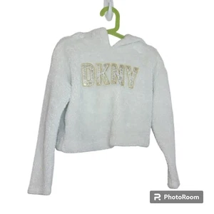 DKNY Hooded Sweater, Girls 5, Off-White w/Gold Raised Graphic, Furry, EUC - Picture 1 of 12