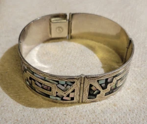 Vintage Inlaid Abalone Sterling Silver 4-Panel Hinged 7¼" Bracelet Mexico~28 gr~ - Picture 1 of 6