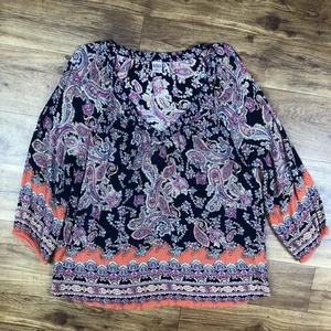 Bila Women Plus Sz XXL Black Multicolor Floral Long Sleeve Blouse Sheer - Picture 1 of 8