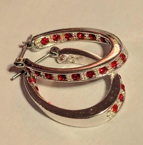 Oval Hoop Earrings Inside Out Red Stones Well Made Beauties! Silver Tone - Picture 1 of 4