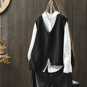 Lady V-Neck Vest Irregular Hem Waistcoat Knitted Tank Tops Vintage Knitwear Slit - Picture 1 of 12
