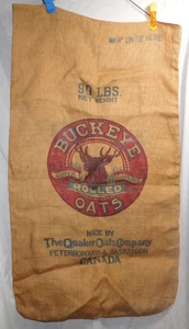 VTG 1940's 50's Quaker Oats Buckeye Rolled Oats Burlap Sack Bag large 90 lb size - Picture 1 of 11