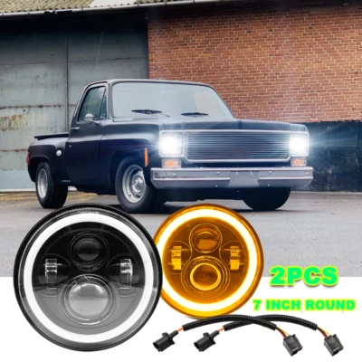 For GMC C15/C25 C35 1975-1978 Pair 7"inch Round LED Headlights DRL High Low - Image 1 of 4