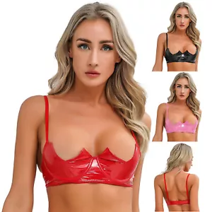 Womens Wetlook Underwired Bra Patent Leather Crop Tops Half Cup Lingerie Bustier - Picture 1 of 46