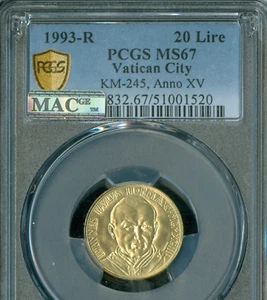 1993 R VATICAN CITY 20 LIRE POPE JOHN PAUL II ANO XV PCGS MS67 MAC SPOTLESS . - Picture 1 of 4