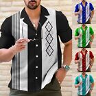 Classic Vintage Mens Bowling Shirt Retro Striped Button Up Short Sleeve Top New