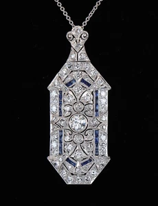 Vintage Platinum Old European Diamond Blue Sapphire Milgrain Pendant Pin Brooch - Picture 1 of 12