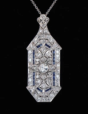 Broche prendedor colgante milgrain zafiro azul diamante europeo antiguo vintage de platino Foto 1 de 4