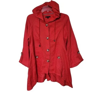 For Cynthia Red Linen Lagenlook Boho Drawstring Hooded Button Down Jacket Size S - Picture 1 of 7
